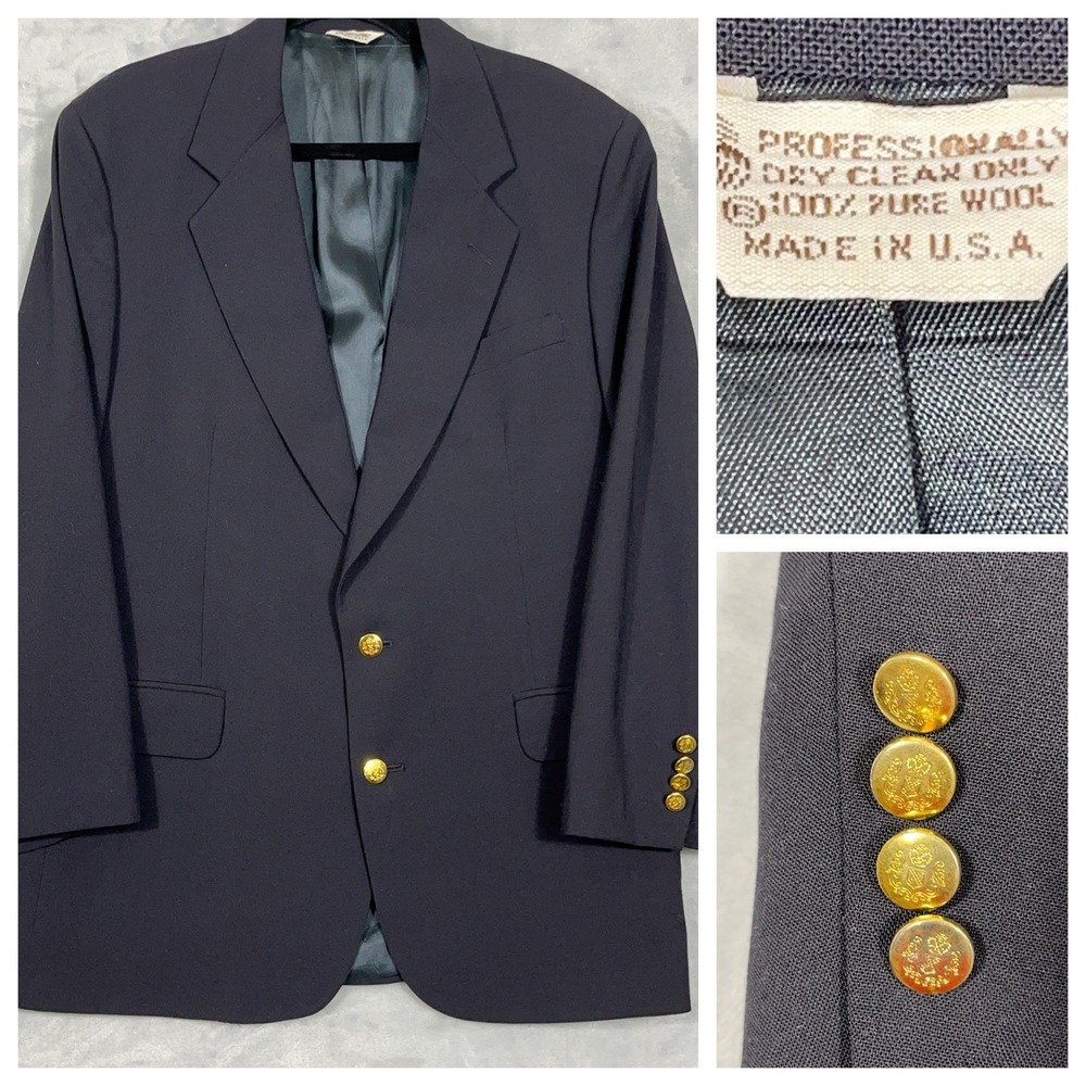 Christopher Hayes Blazer Sport Suit Jacket Navy Blue Mens 42R Wool Gold‎ Buttons